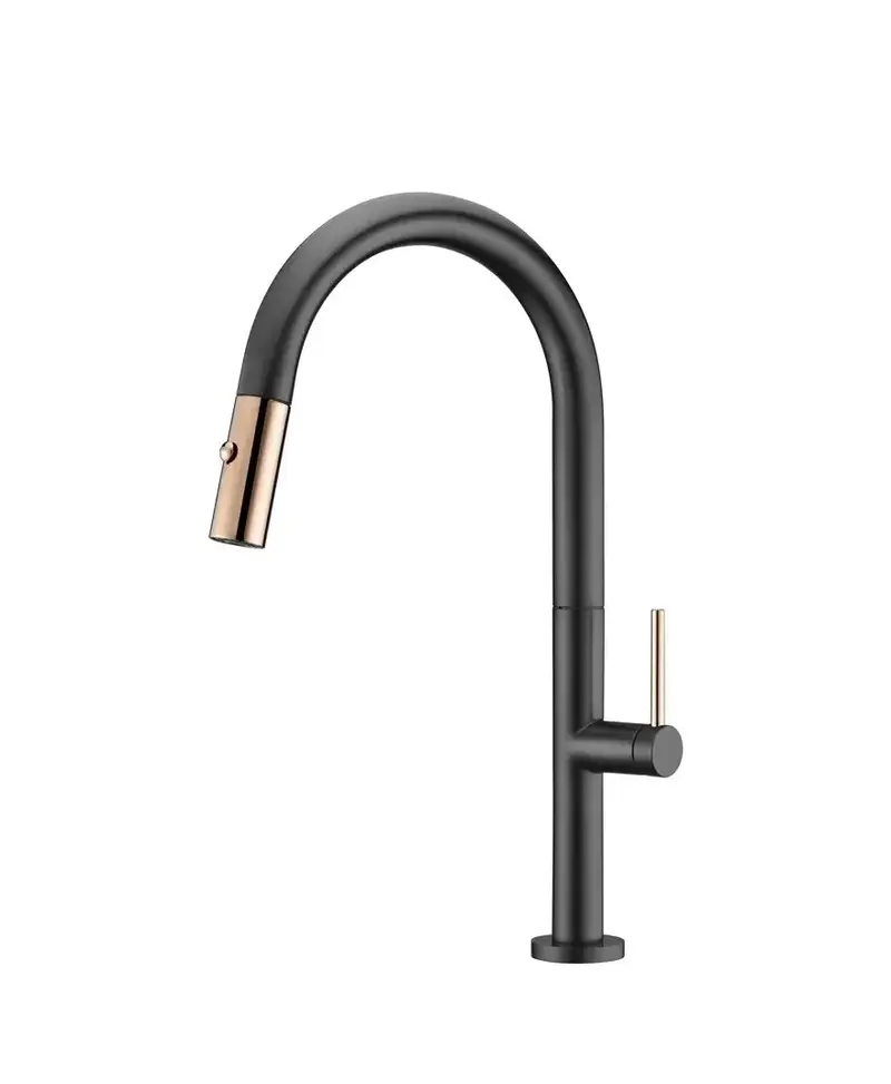 Grifo de cocina monomando de caño alto fabricado en latón negro mate y oro rosa Samoa de Imex