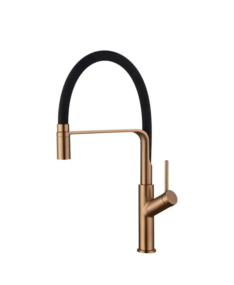Grifo de cocina monomando de caño flexible con acabado negro mate y oro rosa cepillado Sena de Imex