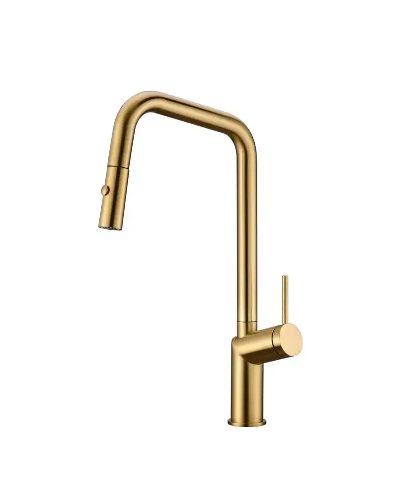 Grifo de cocina monomando extraíble con difusor doble jet de acabado color oro cepillado Bonn de Imex
