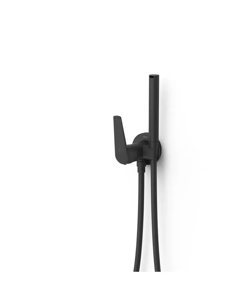 Grifo de ducha empotrado con ducha de mano y soporte fijo y regulador de caudal acabado negro mate Fuji Tres