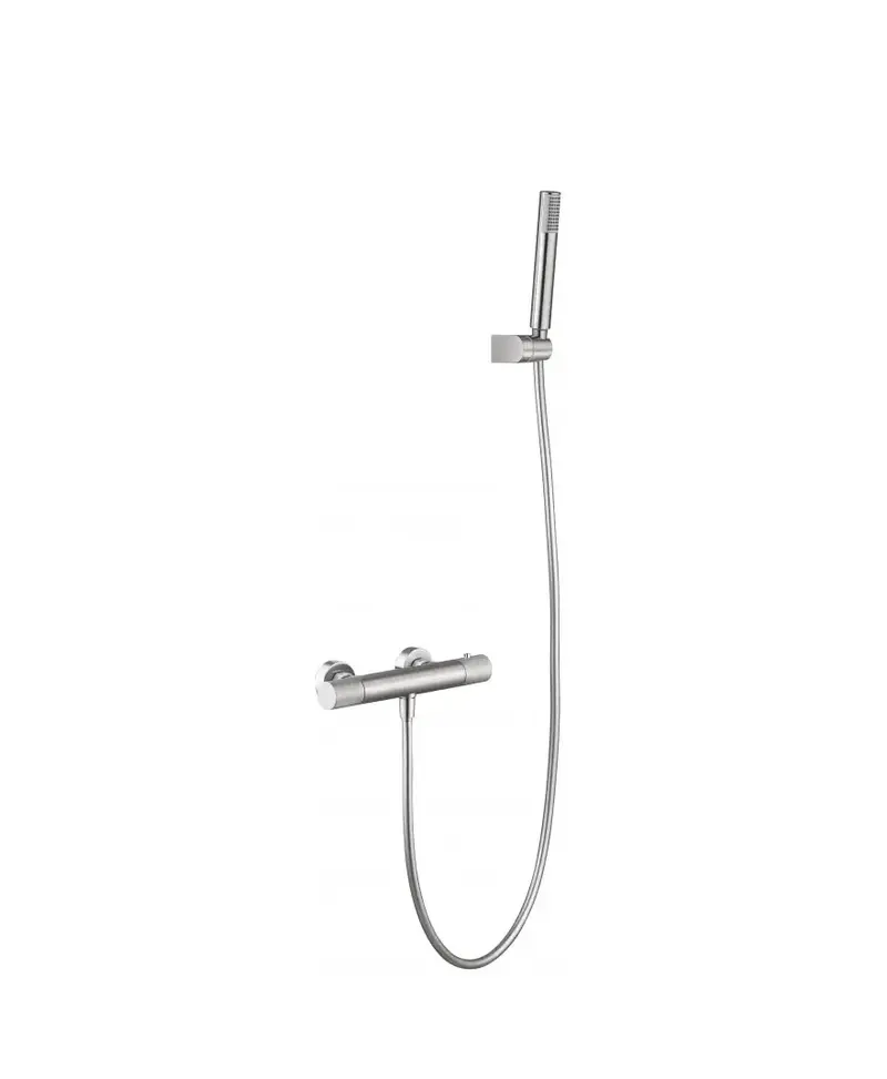 Grifo de ducha termostático con teleducha fabricada en latón de color níquel cepillado Line de Imex