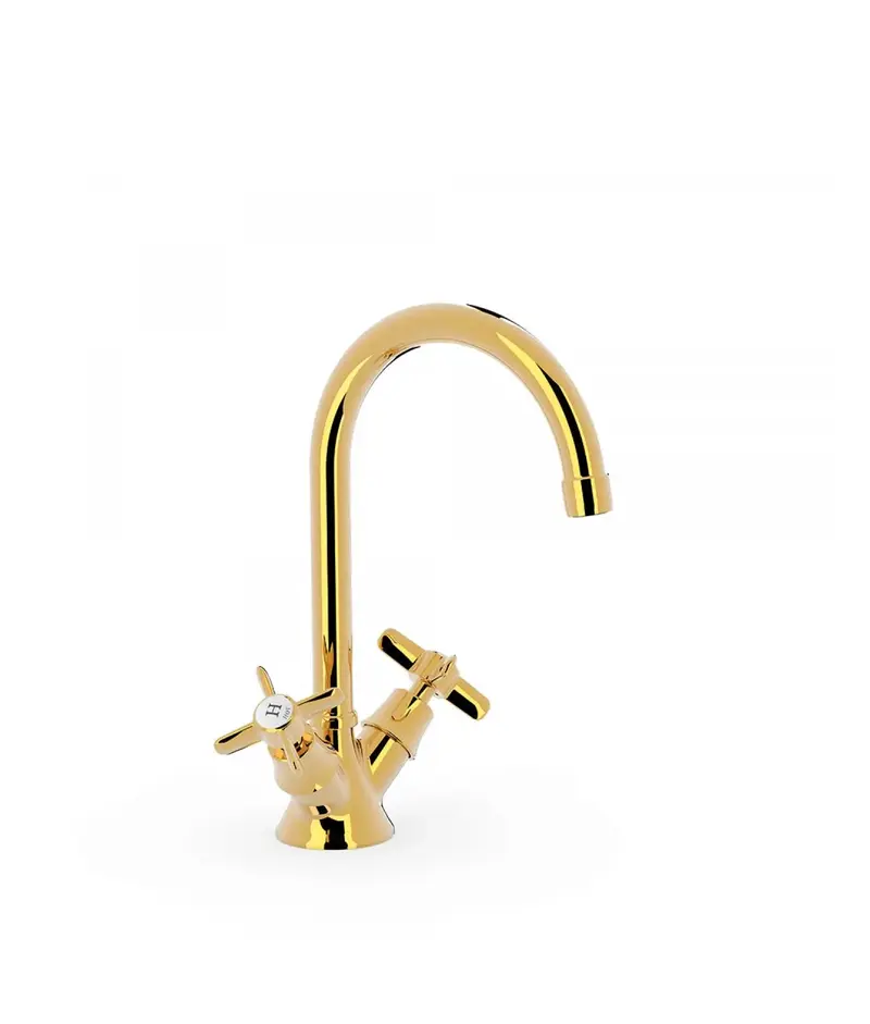 Grifo de lavabo clásico curvo bimando con aireador acabado oro CLASIC TRES