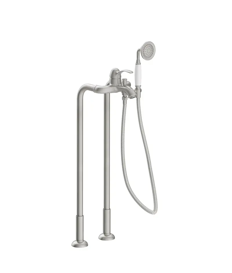 Grifo monomando a suelo para bañera y ducha con rociador de mano y soporte flexo acero Tres Clasic tres