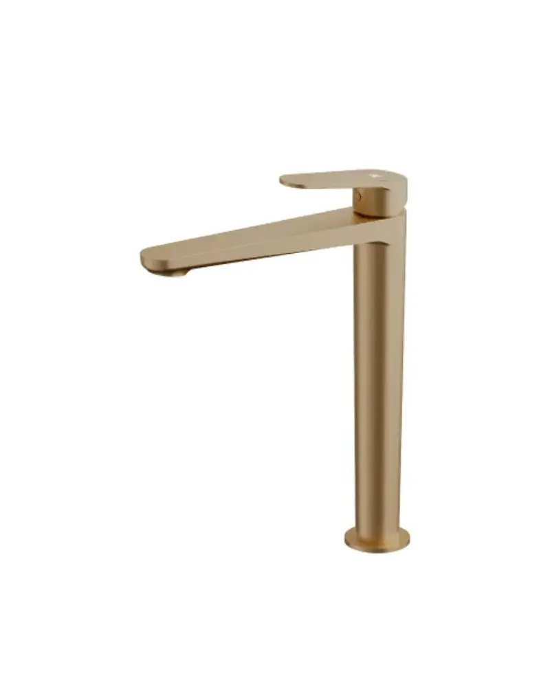 Grifo monomando alto para lavabo con cartucho cerámico y acabado oro cepillado Fine Källa