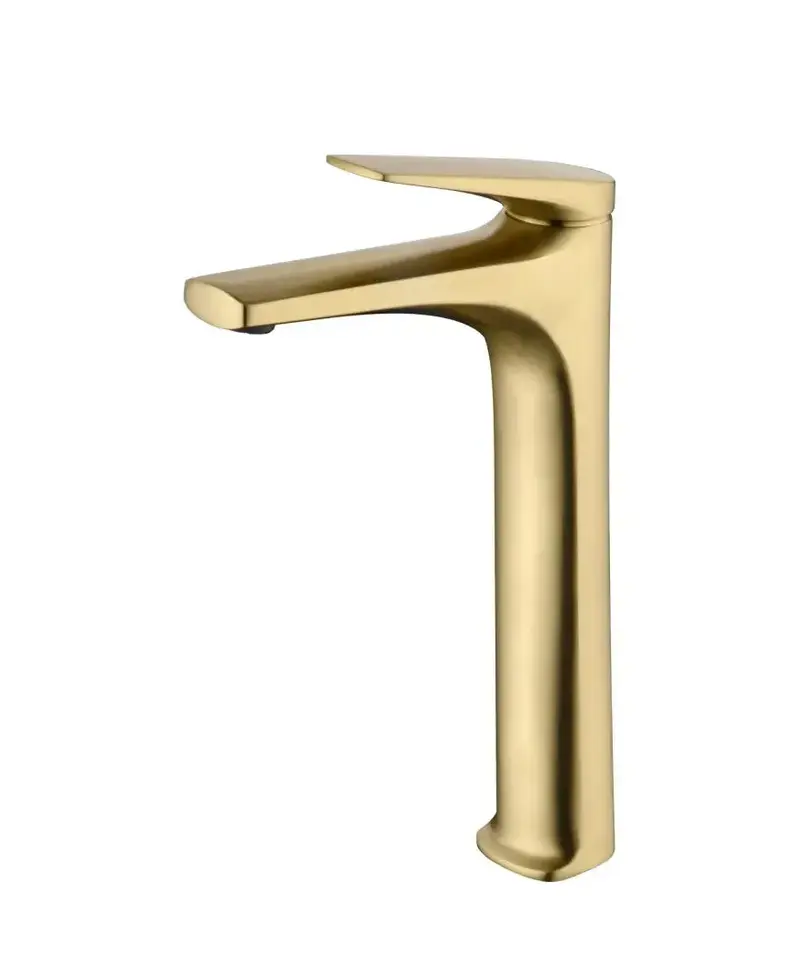 Grifo monomando caño alto para lavabo fabricado en latón con acabado oro cepillado Delos de Imex