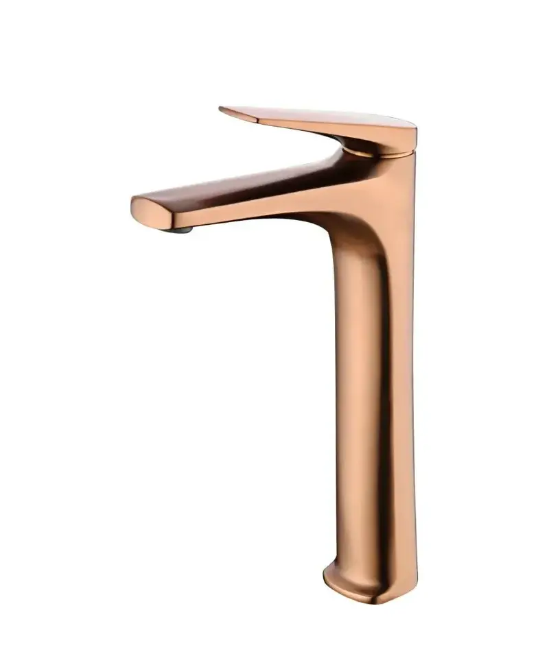 Grifo monomando con caño alto para lavabo fabricado en latón con acabado oro rosa cepillado Delos de Imex