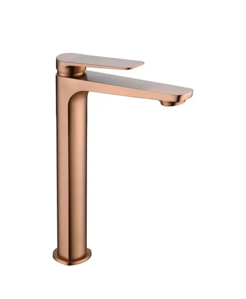 Grifo monomando con caño alto para lavabo fabricado en latón con acabado oro rosa cepillado Napoles de Imex
