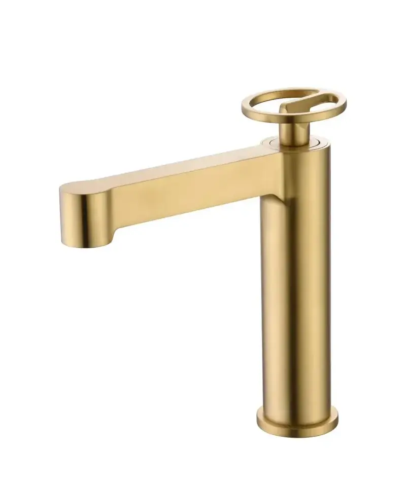 Grifo monomando con caño alto para lavabo hecho de latón con acabado oro cepillado Olimpo de Imex