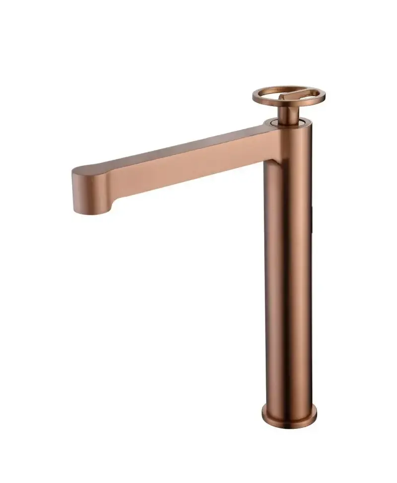 Grifo monomando con caño alto para lavabo hecho de latón con acabado oro rosa cepillado Olimpo de Imex