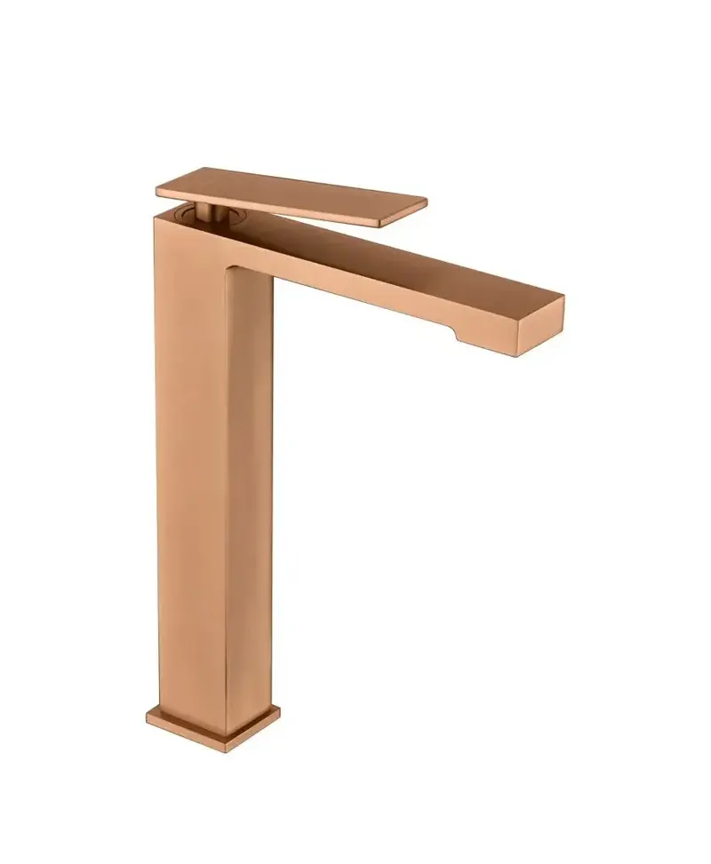 Grifo monomando con caño alto para lavabo hecho de latón con acabado oro rosa cepillado Pisa de Imex