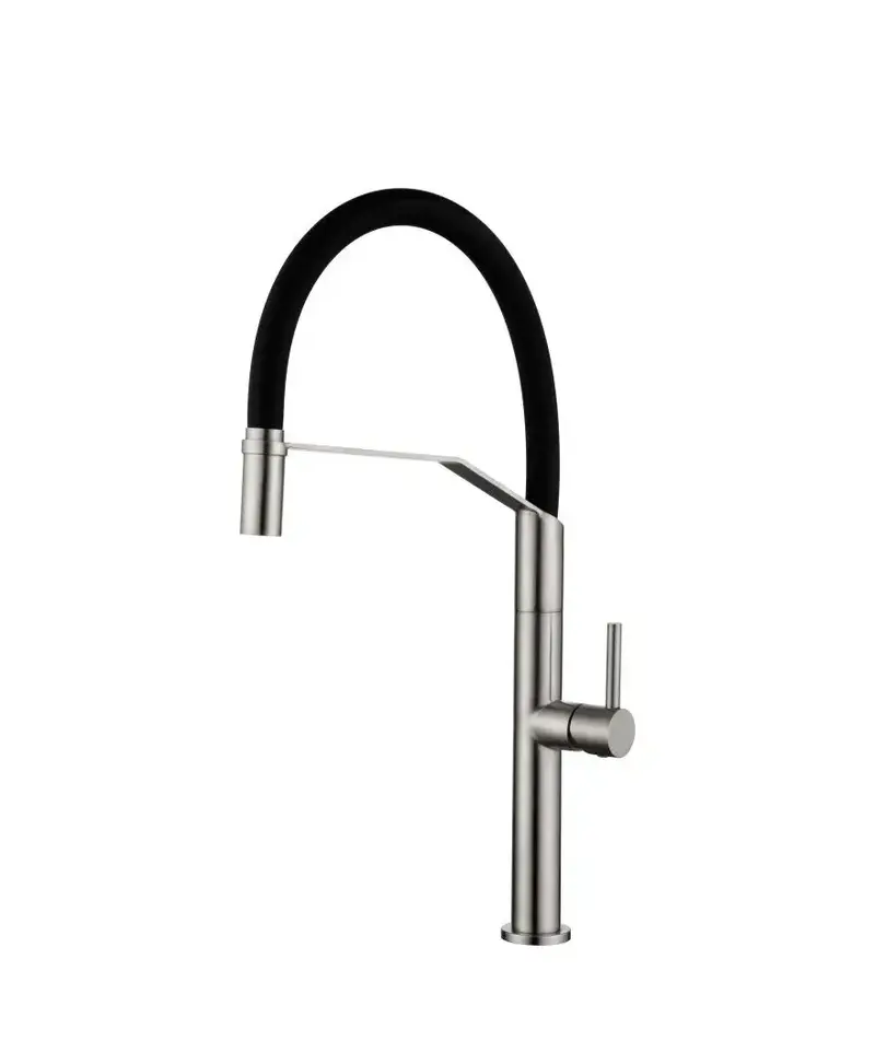 Grifo monomando de cocina flexible con cuerpo de acero inoxidable acabado satinado y negro mate Deva de Imex