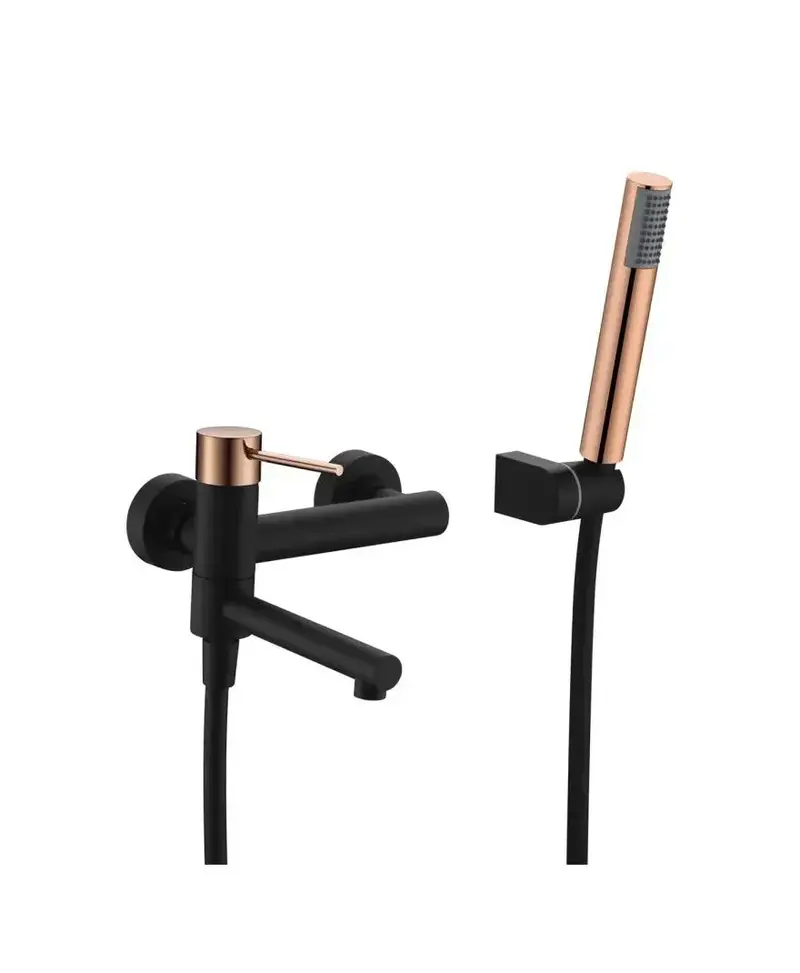 Grifo monomando de pared para bañera fabricada en latón de acabado negro y oro rosa Milos de Imex