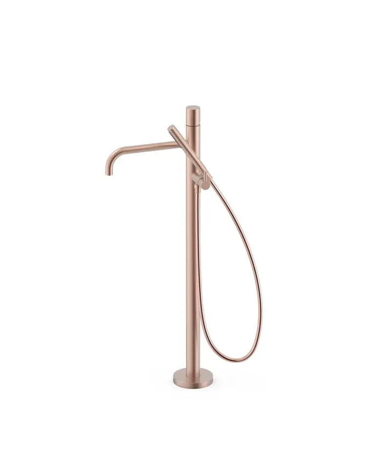 Grifo monomando de pie con teleducha para bañera y ducha acabado oro rosa mate 24K STUDY EXCLUSIVE TRES