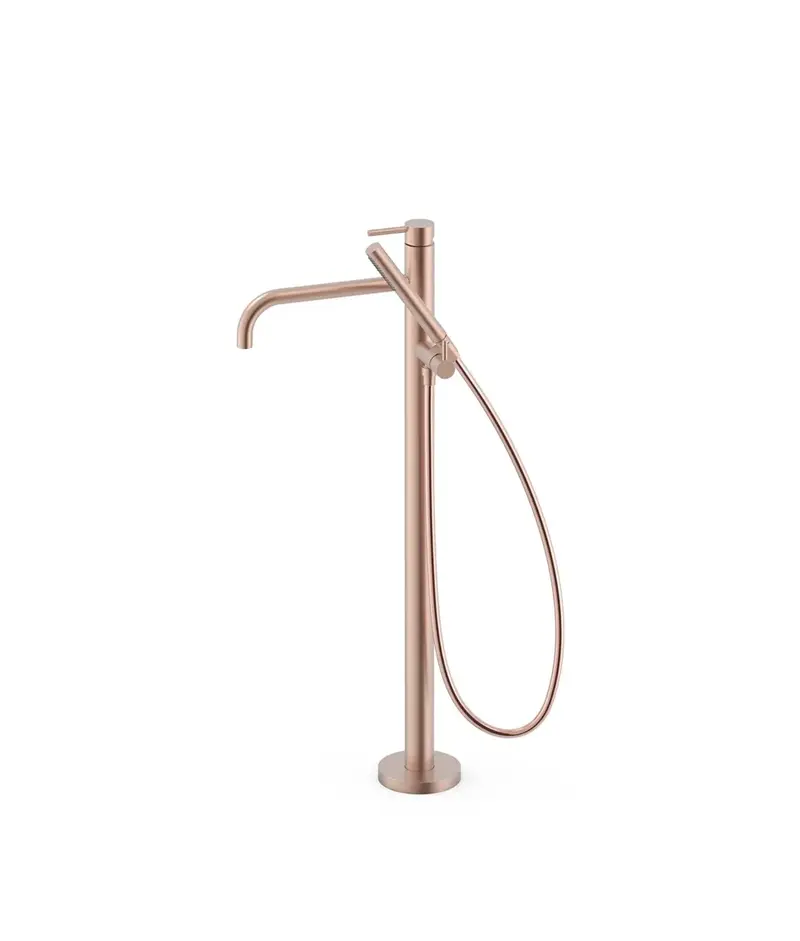 Grifo monomando de pie para bañera con maneta y teleducha acabado oro rosa mate 24K STUDY EXCLUSIVE TRES