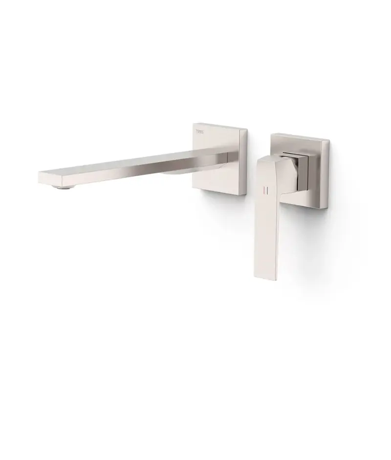 Grifo monomando empotrado para lavabo con junta antihumedad y caño de longitud estándar acabado en acero Slim TRES