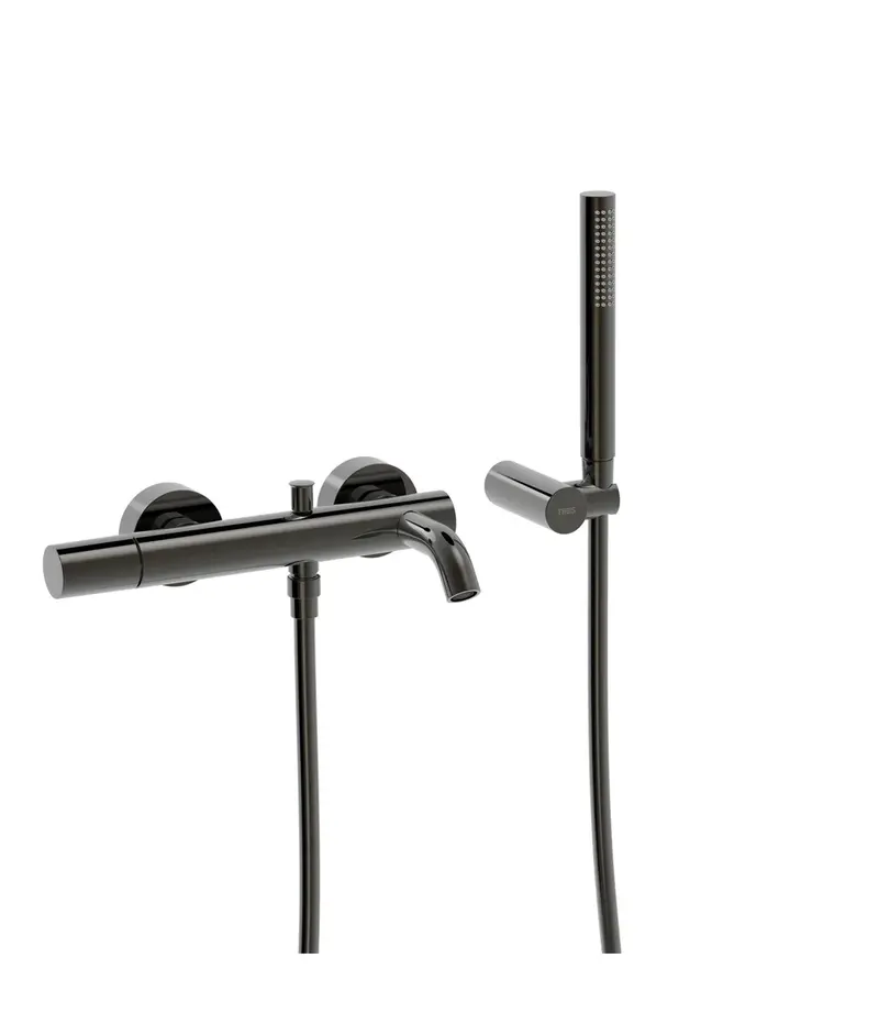 Grifo monomando mural para bañera y ducha con soporte para rociador acabado negro metalizado Study Tres