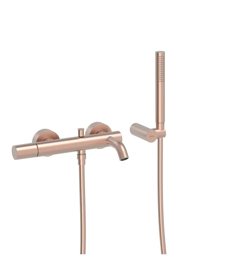 Grifo monomando mural para bañera y ducha con soporte para rociador acabado oro rosa mate Study Tres