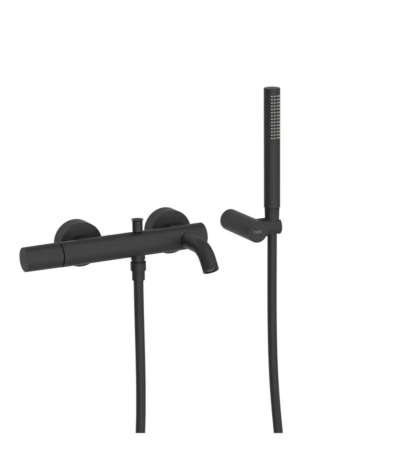 Grifo monomando mural para bañera y ducha con soporte para rociador negro mate Study Tres