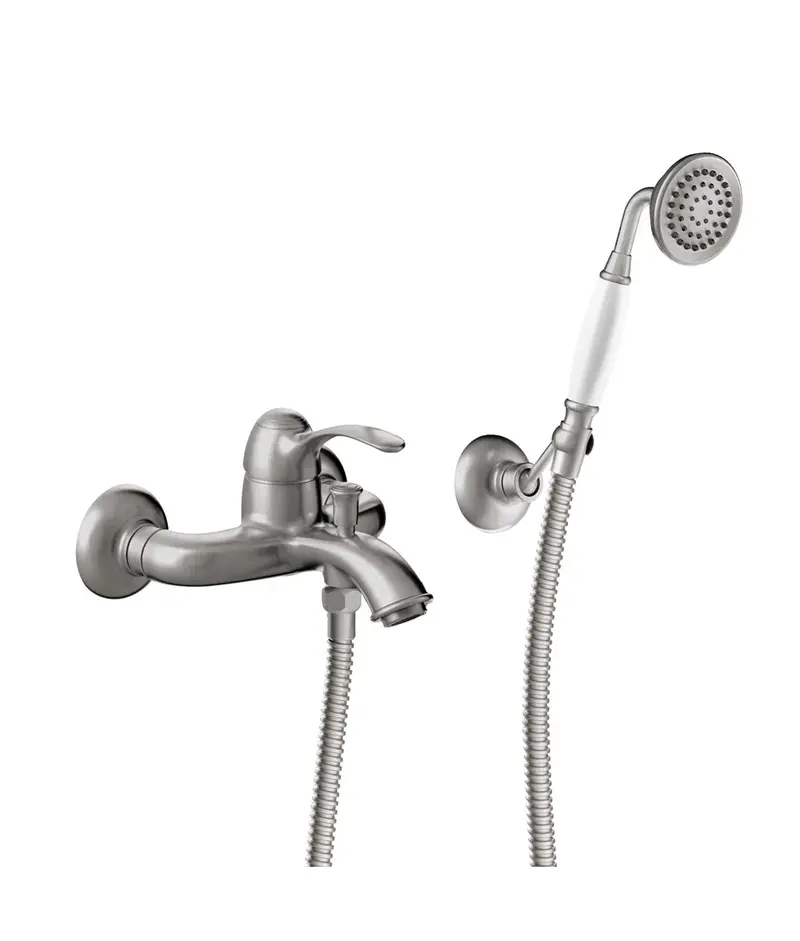 Grifo monomando mural para bañera y ducha de mano de latón con acabado acero Tres Clasic Tres
