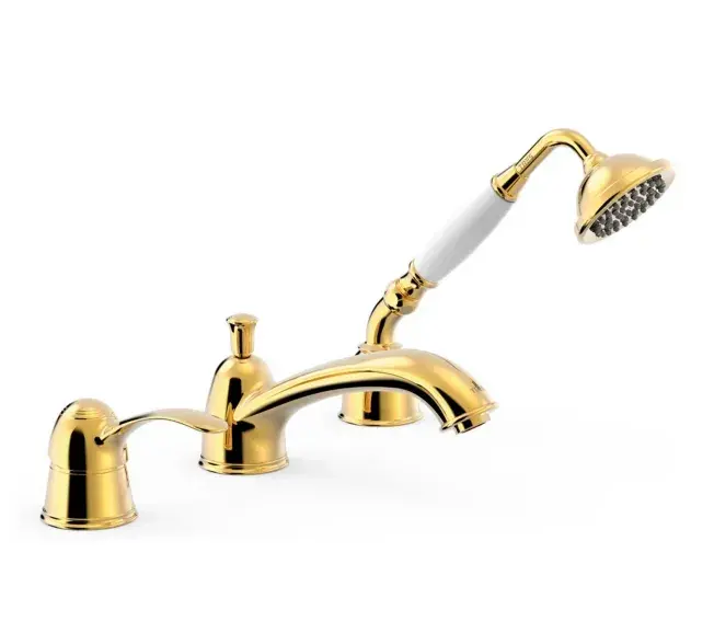 Grifo monomando para borde de bañera con ducha de mano de latón con acabado color oro Tres Clasic Tres