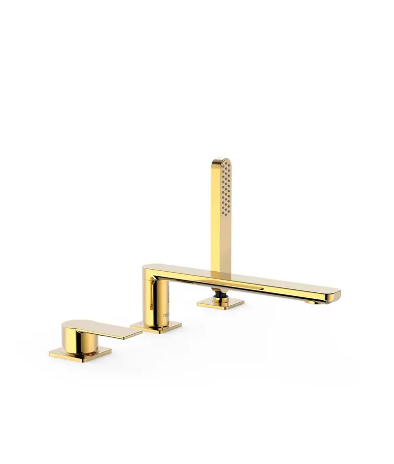 Grifo monomando para borde de bañera con ducha de mano en acabado dorado Loft Tres