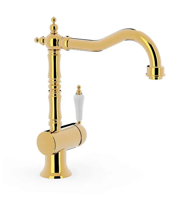 Grifo monomando para fregadero con caño cilíndrico, fabricado en latón y acabado en color oro TRES