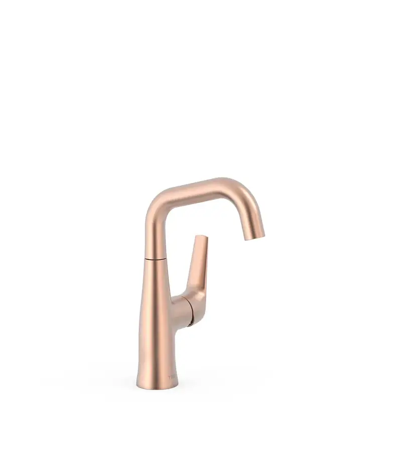 Grifo monomando para lavabo con maneta lateral, ahorro energético y acabado oro rosa mate Fuji Tres