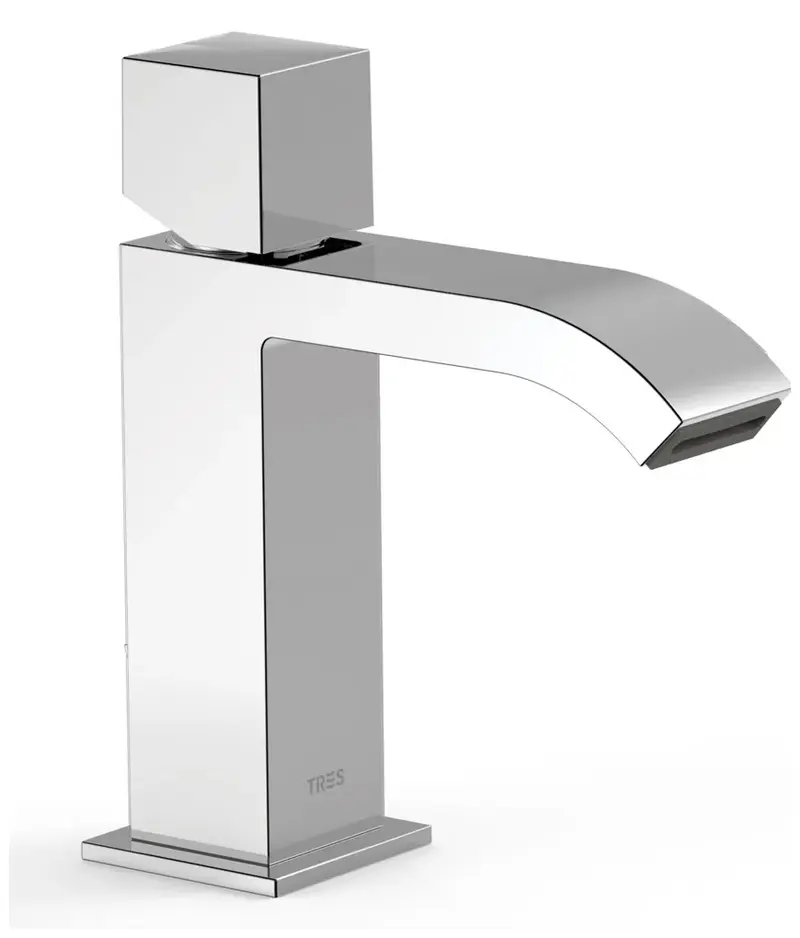 Grifo monomando para lavabo de latón con maneta en forma de cubo y acabado acero Cuadro TRES