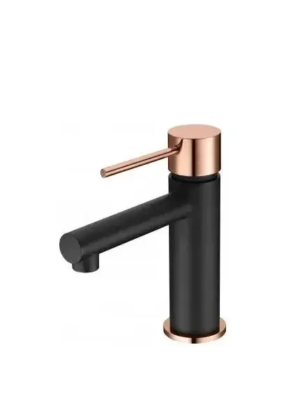Grifo monomando para lavabo fabricado en latón con discos de cerámica en color negro y oro rosa Stick Milos de Imex
