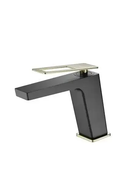 Grifo monomando para lavabo fabricado en latón negro y oro con un caño recto Suecia de Imex