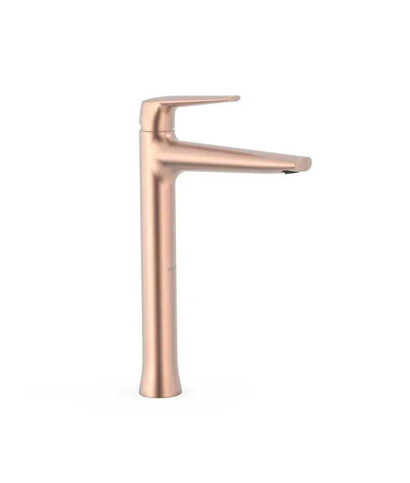 Grifo monomando XXL para lavabo con aireador de silicona acabado oro rosa mate de latón Fuji Tres
