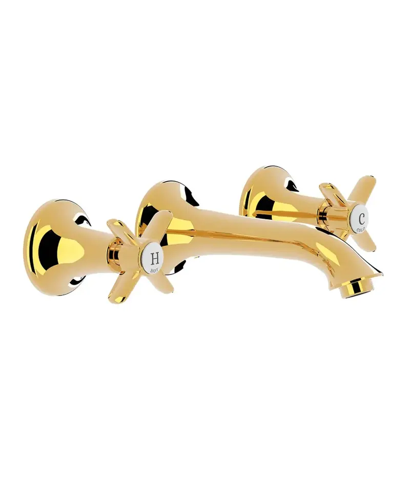 Grifo para lavabo mural con regulador de temperatura bimando y acabado oro CLASIC TRES