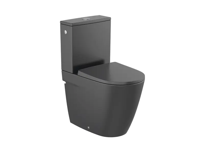 Inodoro de tanque bajo salida dual y diseño adosado a pared en acabado Negro Mate Ona Rimless Roca