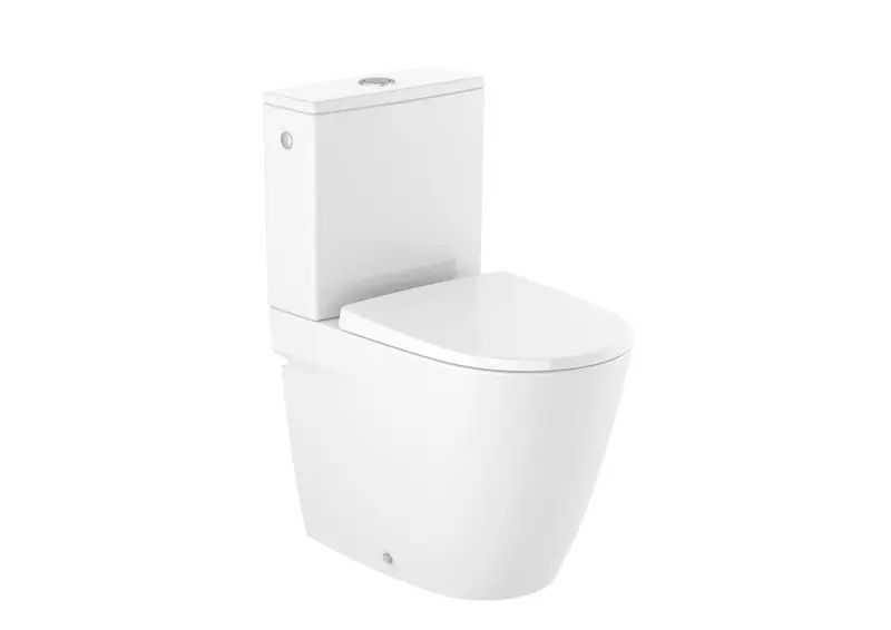 Inodoro de tanque bajo salida dual y diseño adosado a pared en acabado Ona Rimless Roca Blanco Brillo