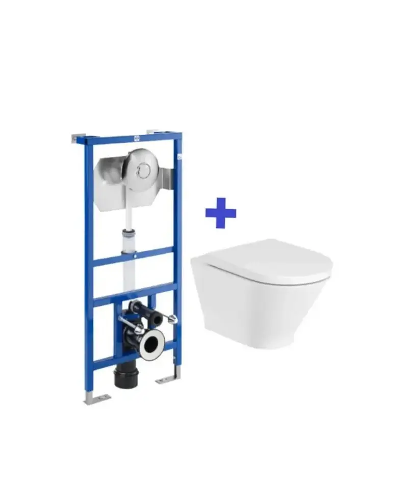 Inodoro Pack Rimless suspendido salida horizontal y cisterna empotrable con fluxor y doble descarga Duplo WC Fluxor The Gap Round Roca