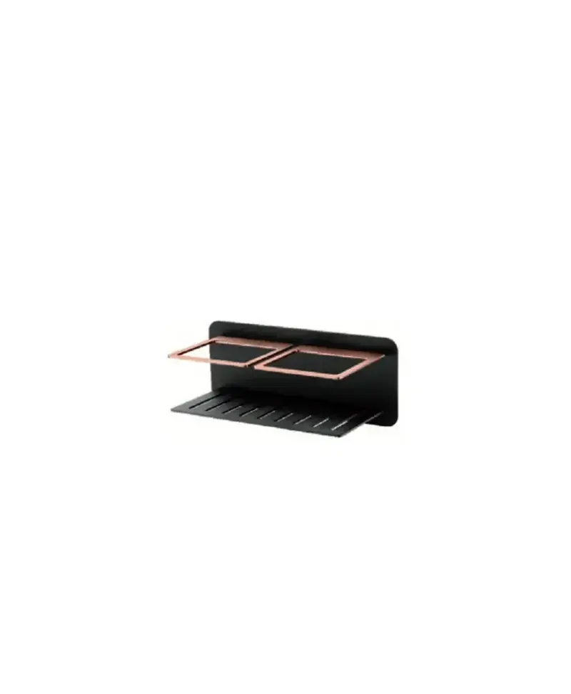 Jabonera frontal con diseño elegante de acero s304 con acabado en color negro y oro rosa Iman de Imex