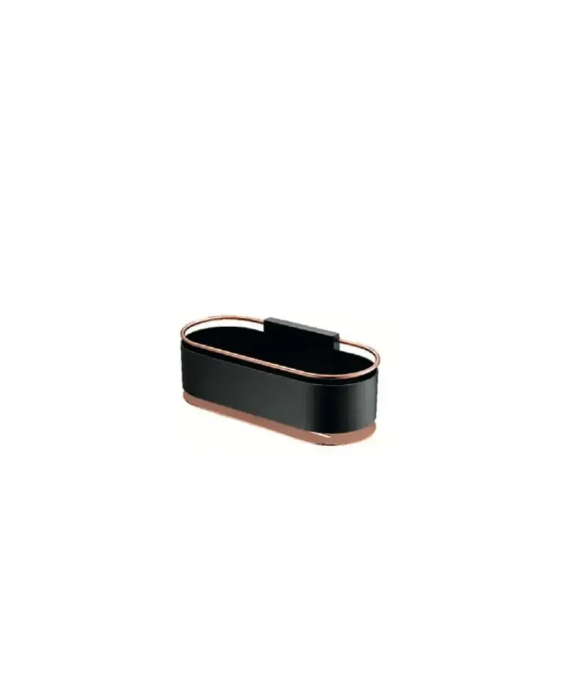 Jabonera frontal con diseño elegante de acero s304 con acabado negro y oro rosa Anga de Imex