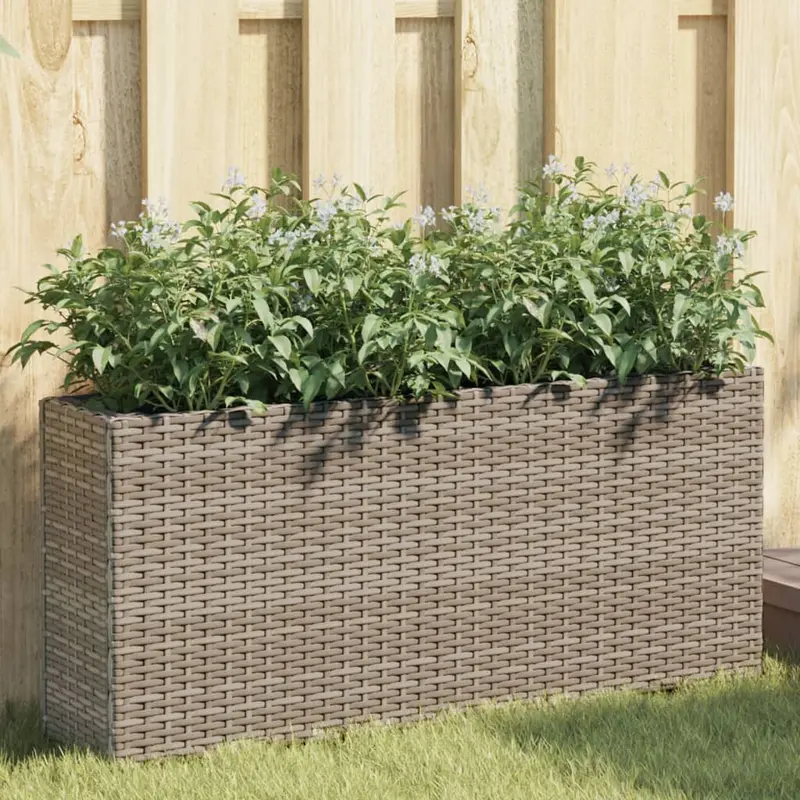 Jardinera con 2 maceteros de ratán sintético gris 90x20x40 cm