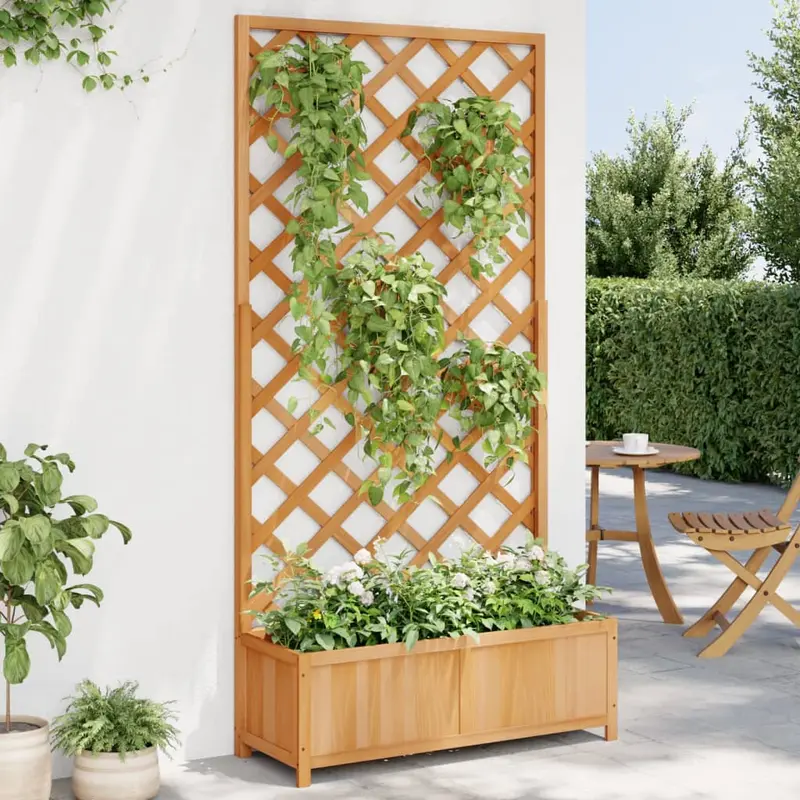 Jardinera con enrejado de madera maciza de abeto marrón