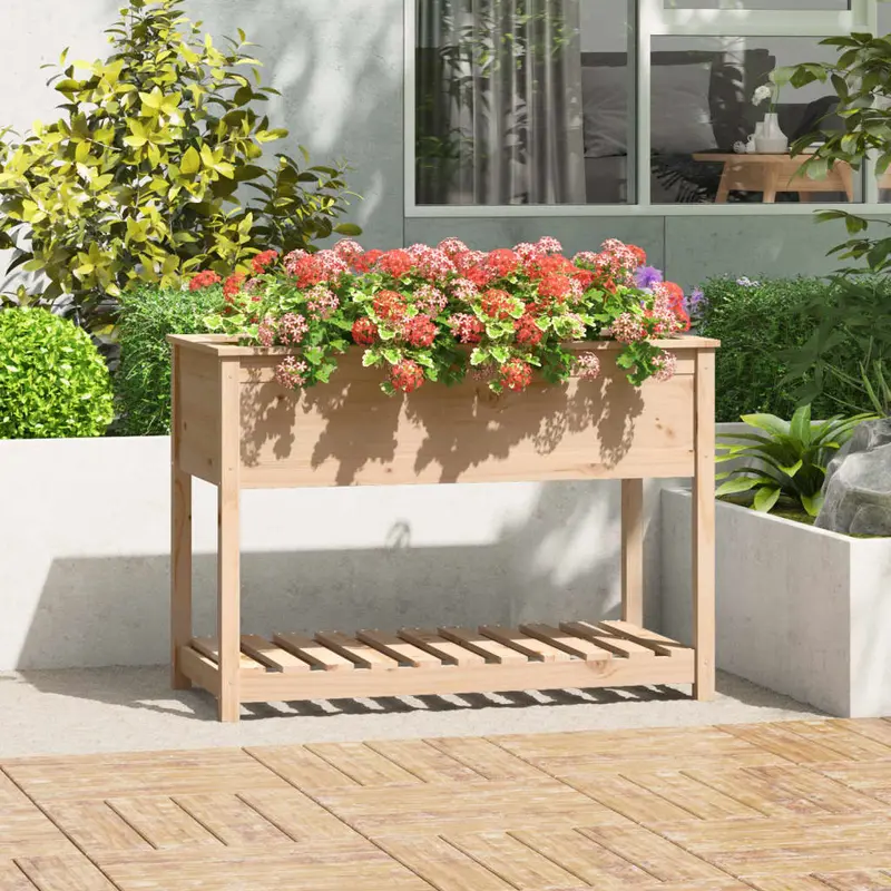 Jardinera con estante de madera maciza de pino 111,5x54x81 cm