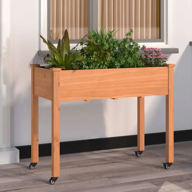 Jardinera con forro y ruedas madera abeto marrón 118x59x80 cm