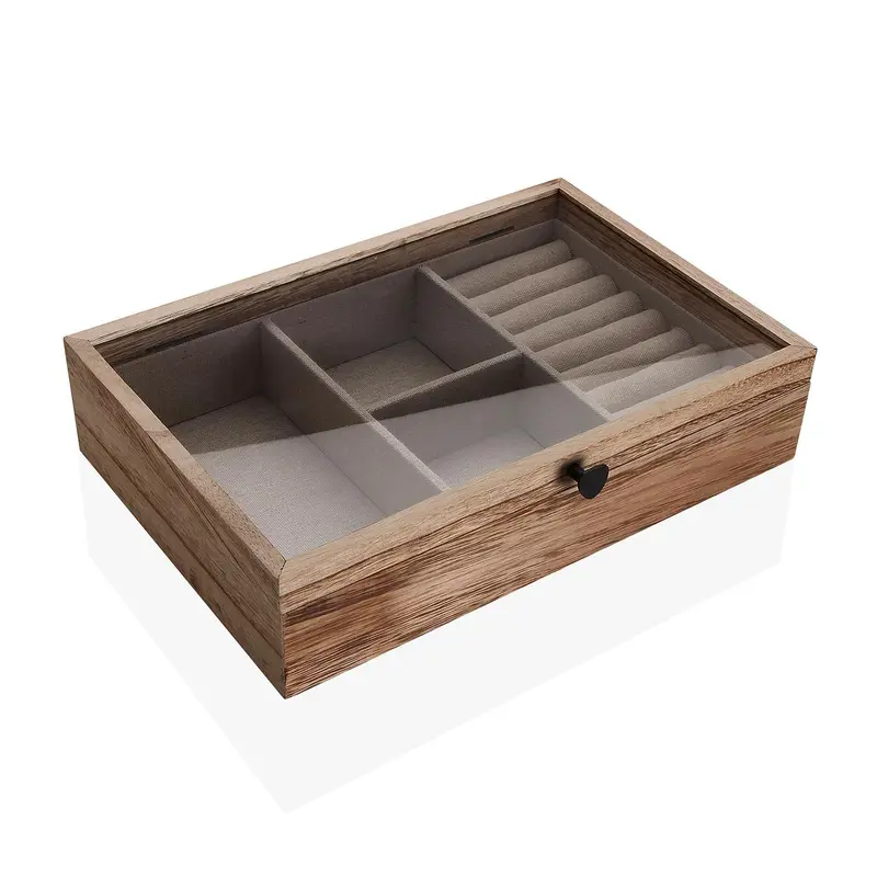 JOYERO MADERA 5 COMPARTIMENTOS CON TAPA DE CRISTAL