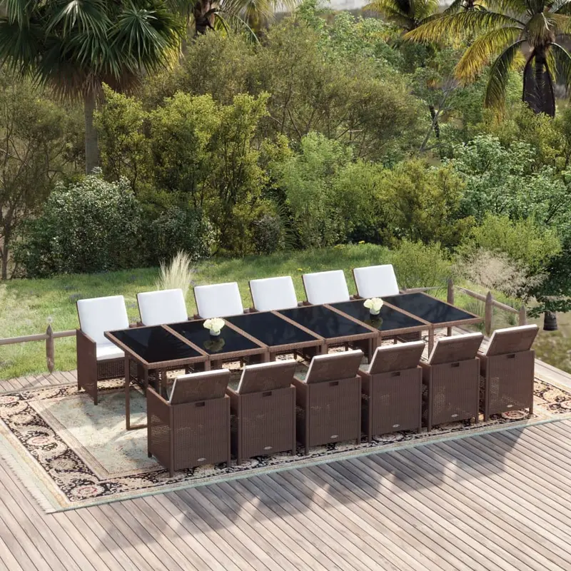 Juego comedor jardín 13 pzas con cojines ratán sintético marrón