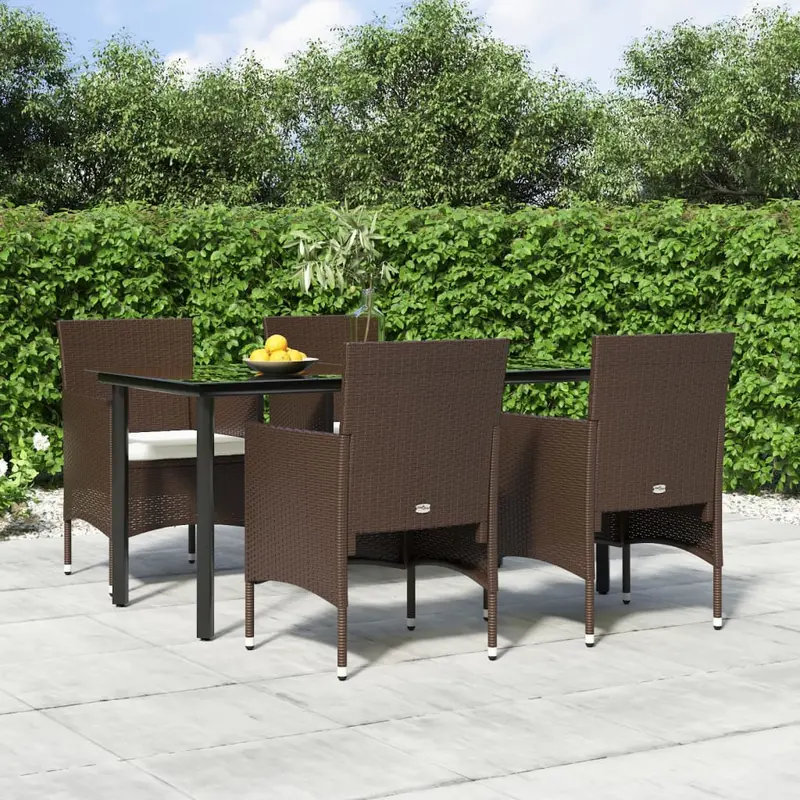 Juego de comedor de jardín 5 piezas con cojines marrón y negro