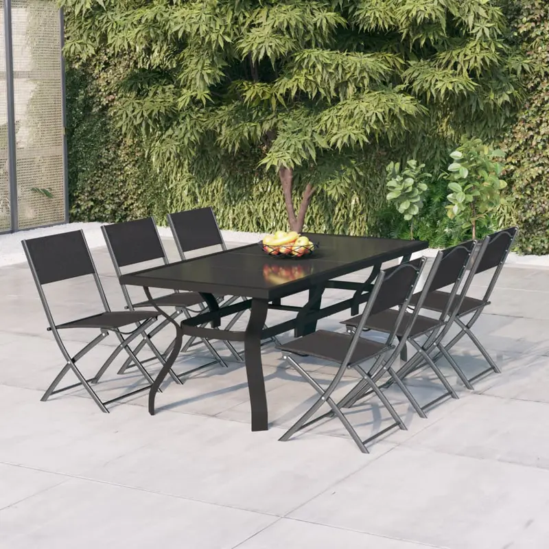 Juego de comedor de jardín 7 piezas con cojines gris y negro