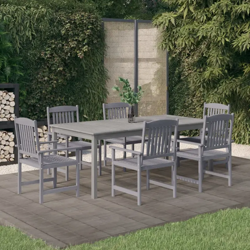 Juego de comedor para jardín 7 piezas madera maciza acacia gris