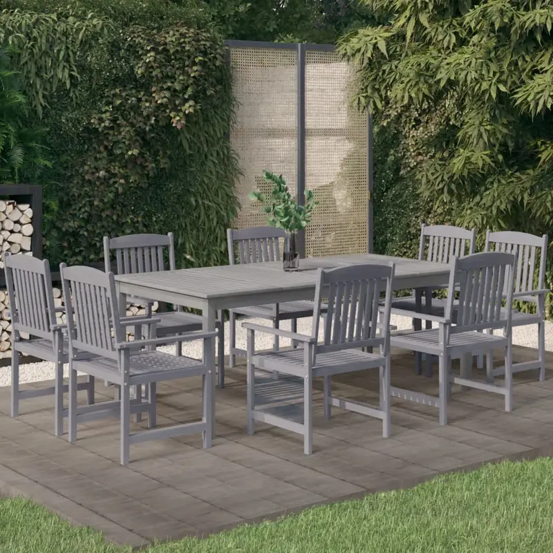 Juego de comedor para jardín 9 piezas madera maciza acacia gris