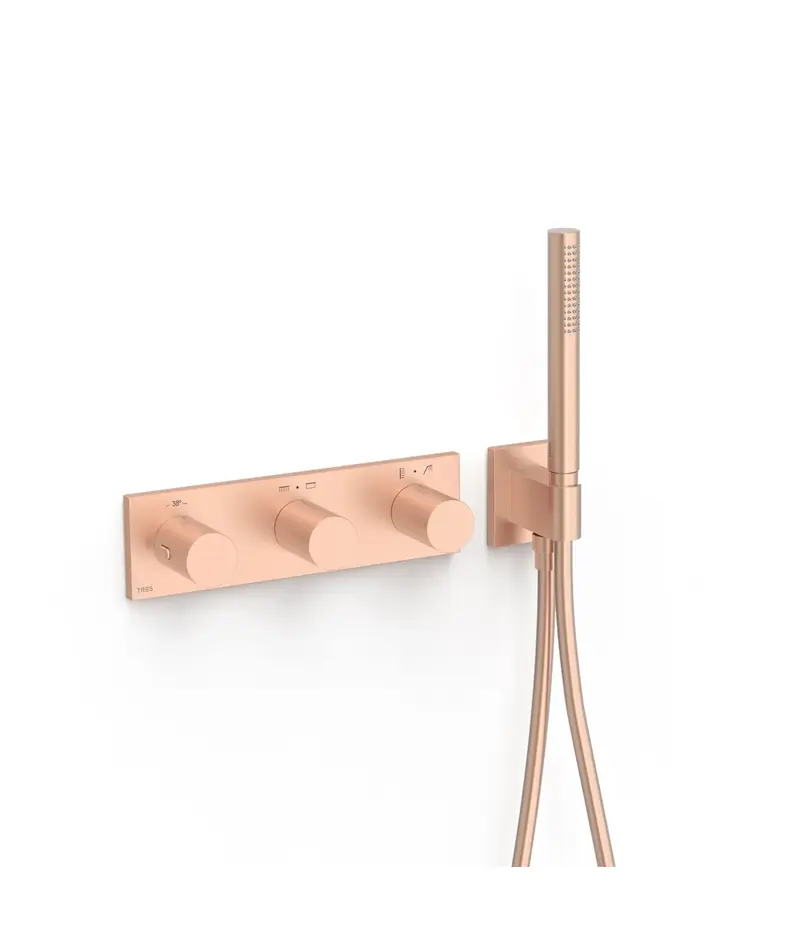 Juego de ducha con grifo termostático de varias vías y volantes redondos acabado oro rosa mate B-System TRES