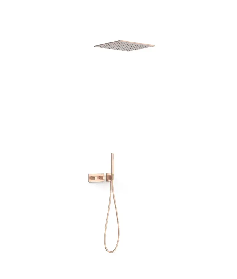 Juego de grifo termostático de dos vías con ducha y volantes cuadrados acabado oro rosa mate B-SYSTEM TRES