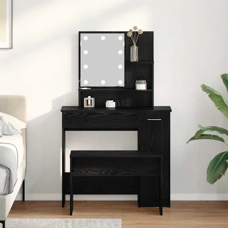 Juego de mesa de tocador LED con cajón 2 pcs Roble Negro